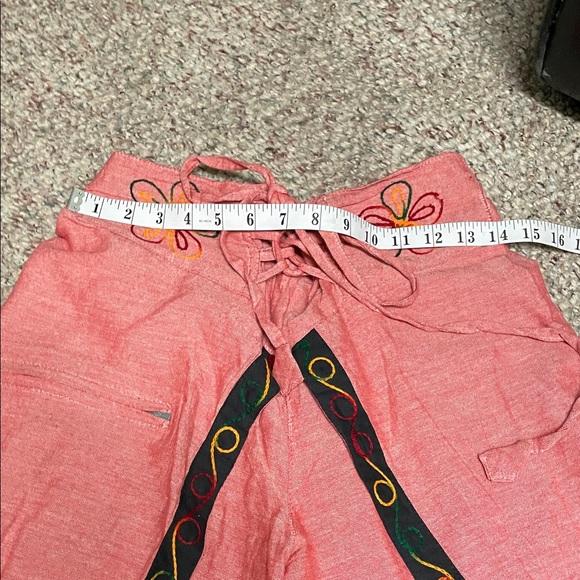 Vintage Nepalese drawstring waist red Wide-Leg Pants with Embroidered Trim - Picture 7 of 11